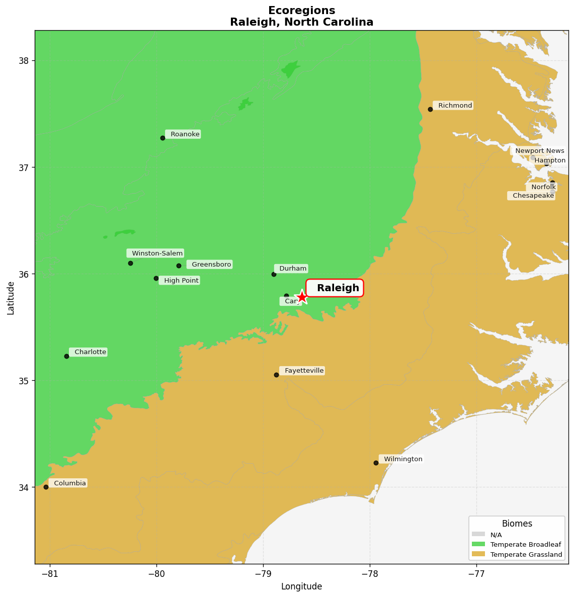 Ecoregion Map for Raleigh, NC